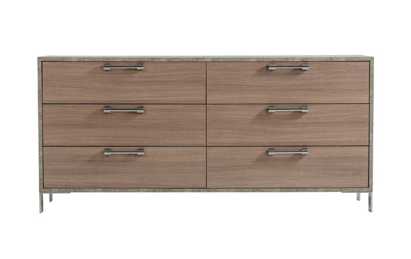 VIG Furniture Boston Modern Brown Oak Dresser With Faux Concrete Trim, 6 Soft-Close Drawers & Brushed Steel Legs VGANBOSTON-DRS