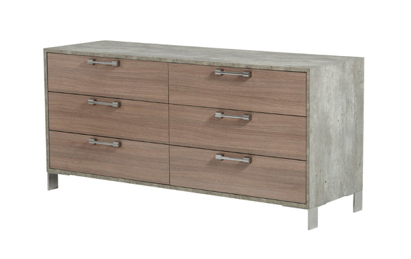 VIG Furniture Boston Modern Brown Oak Dresser With Faux Concrete Trim, 6 Soft-Close Drawers & Brushed Steel Legs VGANBOSTON-DRS