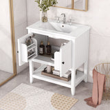 English Elm 30" White Modern Sleek Bathroom Vanity Elegant Ceramic Sink With Solid Wood Frame Open Style Shelf & Door Shelf Design