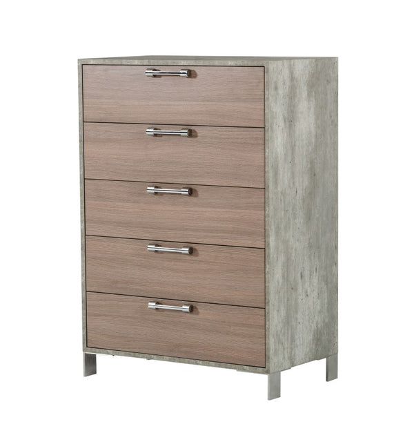 VIG Furniture Boston Modern Brown Oak Chest With Faux Concrete Accents, 5 Soft-Close Drawers & Brushed Steel Legs VGANBOSTON-CHEST