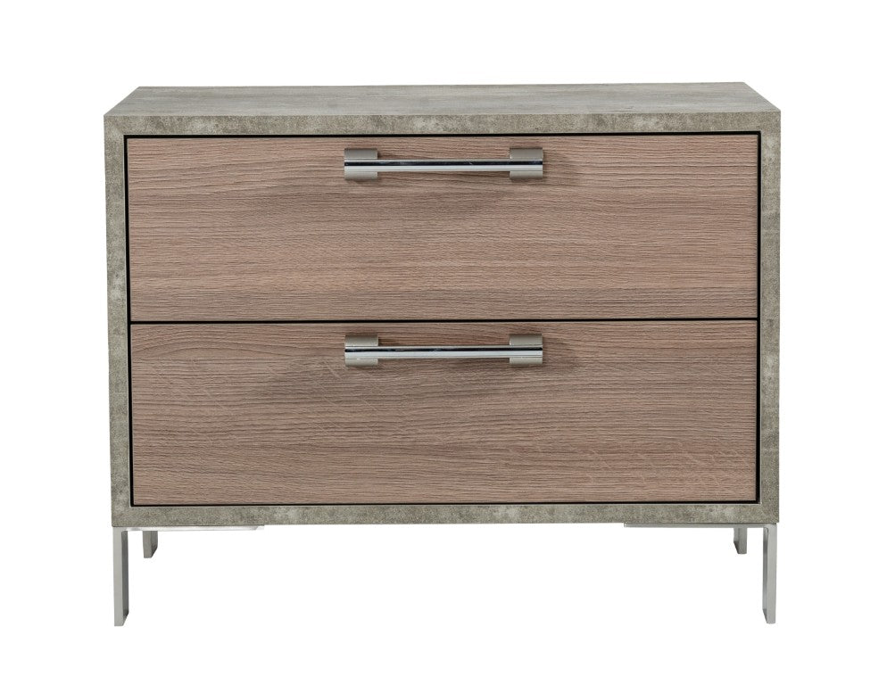 VIG Furniture Boston Modern Brown Oak Nightstand With Faux Concrete, Brushed Stainless Steel Legs & Soft-Closing Drawers VGANBOSTON-NS