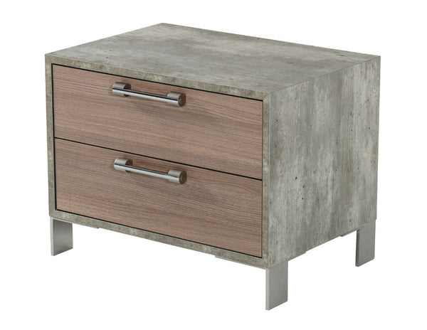 VIG Furniture Boston Modern Brown Oak Nightstand With Faux Concrete, Brushed Stainless Steel Legs & Soft-Closing Drawers VGANBOSTON-NS