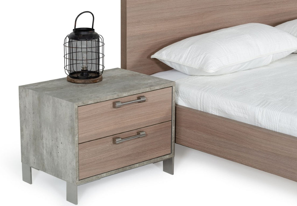 VIG Furniture Boston Modern Brown Oak Nightstand With Faux Concrete, Brushed Stainless Steel Legs & Soft-Closing Drawers VGANBOSTON-NS