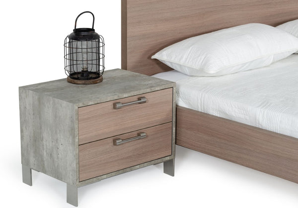 VIG Furniture Boston Modern Brown Oak Nightstand With Faux Concrete, Brushed Stainless Steel Legs & Soft-Closing Drawers VGANBOSTON-NS