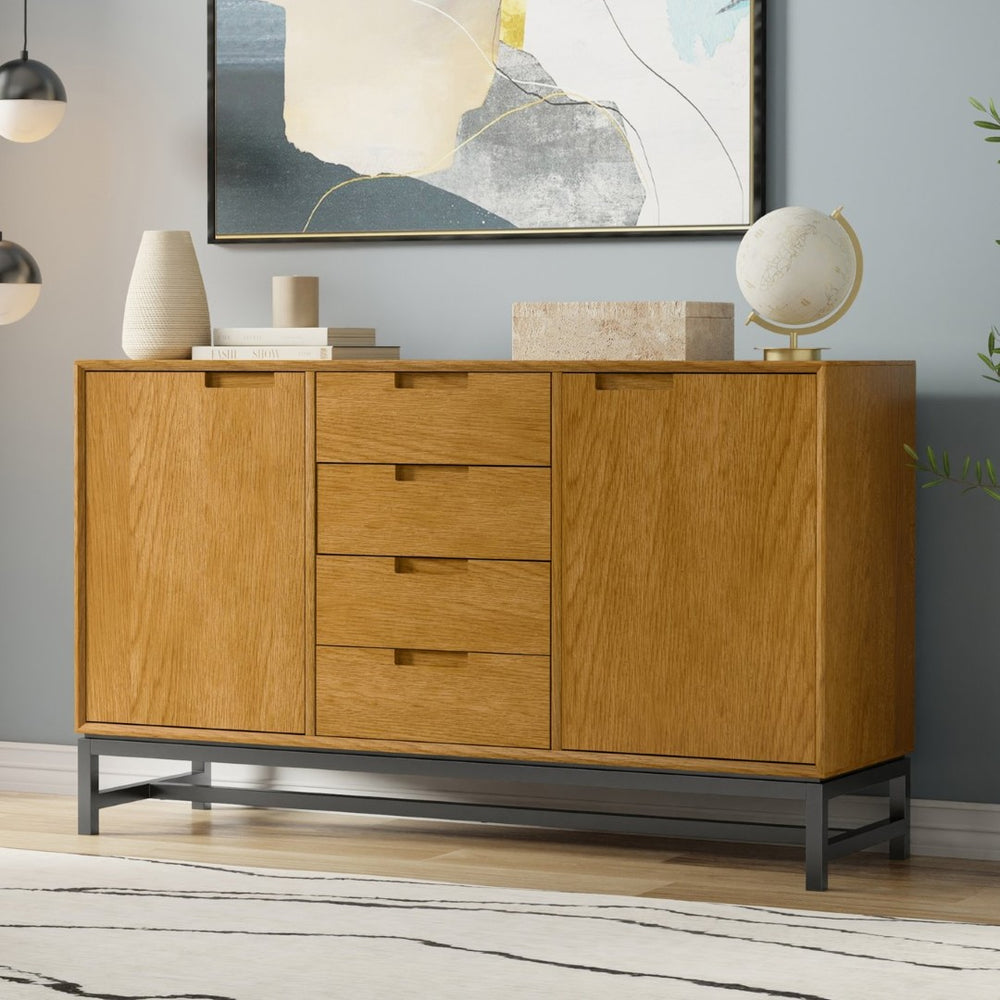 English Elm Banting Mid Century Sideboard Oak Veneer with Four Drawers and Adjustable Cabinet Shelves B136P439002