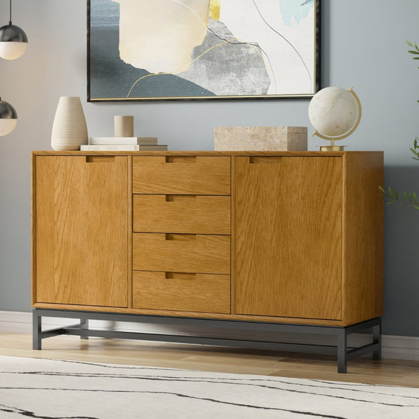 English Elm Banting Mid Century Sideboard Oak Veneer with Four Drawers and Adjustable Cabinet Shelves B136P439002
