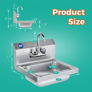 English Elm 17" Stainless Steel Wall Mounted Hand Sink Nsf Certified for Commercial Kitchens W3629P365488