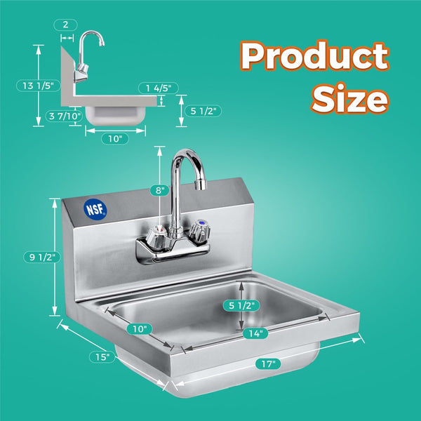 English Elm 17" Stainless Steel Wall Mounted Hand Sink Nsf Certified for Commercial Kitchens W3629P365488