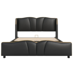 English Elm Christopher Knight Home® - Queen Plush Leather Upholstered Bed Frame with Wingback Headboard, Wavy Footboard, Quiet Support Black 85.2 L x 9.8 W x 3.25 H N761S0000016B