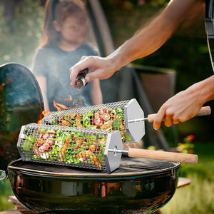 English Elm Stainless Steel Mesh Rolling Grill Basket with Detachable Wooden Handle Outdoor W2181P480510