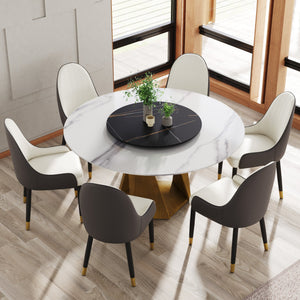 English Elm 59.05" Round Marble Dining Table With Lazy Susan - Sleek Bronze Base, Seats 6-8, Perfect For Dining! W1535S00413
