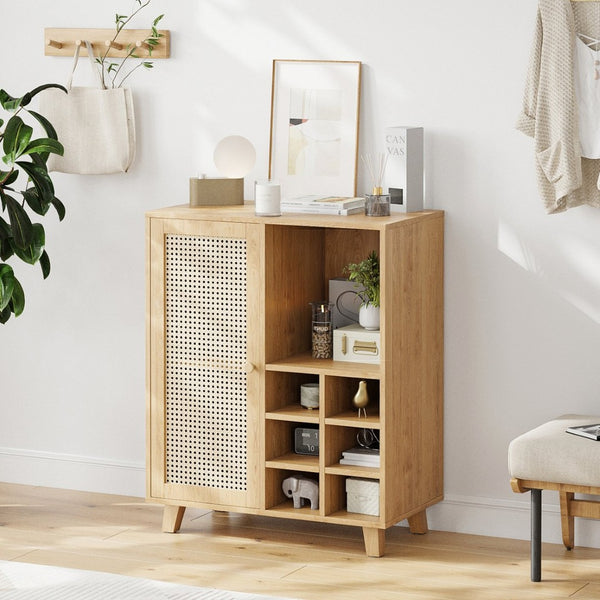 English Elm Rattan Cane Front Sideboard with Drawers Adjustable Shelf Bohemian Storage Cabinet Natural T3623P434759