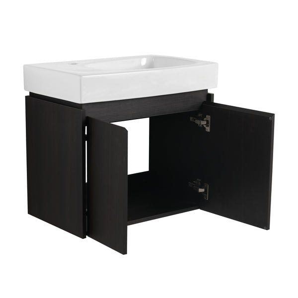 English Elm 24 Inch Bathroom Vanity Floating Ceramic Basin Sink Combo with Double-Door Wall-Mounted Storage Cabinet Durable Engineered Wood Modern Design Black W1972P190342
