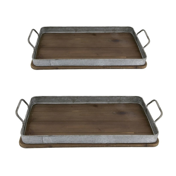 English Elm S/2 Rustic Fir Wood Serving Trays with Iron Accents for Farmhouse Tablescapes W2078P495641