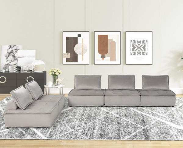 English Elm Aveline Five Piece Modular Sectional Velvet Tufted Low Profile Contemporary Sofa Light Gray B2749S00034