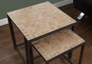 English Elm Nesting Mosaic Tile Tables Set of 2 — Brown Terracotta Tops, Reinforced Metal Bases, Space-Saving Accent B2710P219209