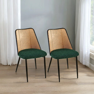 English Elm Green Rattan Dining Chairs Set Of 2 - Stylish Boucle Upholstered Seat With Natural Cane Backrest W1164P218678