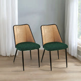 Green Rattan Dining Chairs Set of 2, Boucle Chairs w/ Cane Back, Upholstered Kitchen & Living Room