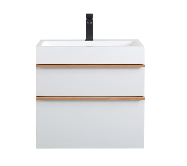 English Elm VELA 24 Inch Wall Mounted Bathroom Vanity with Integrated Acrylic Sink, Dual Wood Handles, Soft-Close drawers and Organizer White W3235P327448