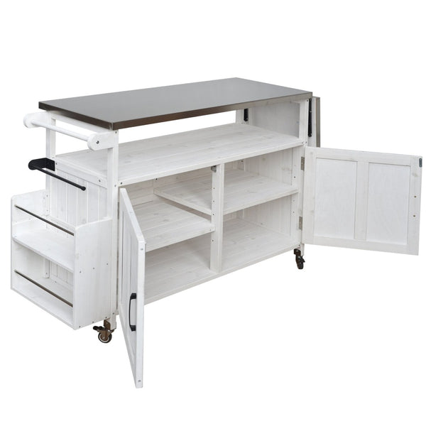 English Elm Foldable Outdoor Kitchen Cart with Stainless Worktop Fir Wood Frame and Lockable Wheels White N719P380279K