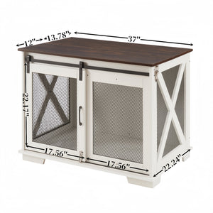English Elm Farmhouse Dog Cage Crate Furniture with Sliding Barn Door, Secure Metal Latch, Flip-Up Top Access and Removable Divider for Small to Large Dogs (40.94x30.51x6.69) White W2275P164726