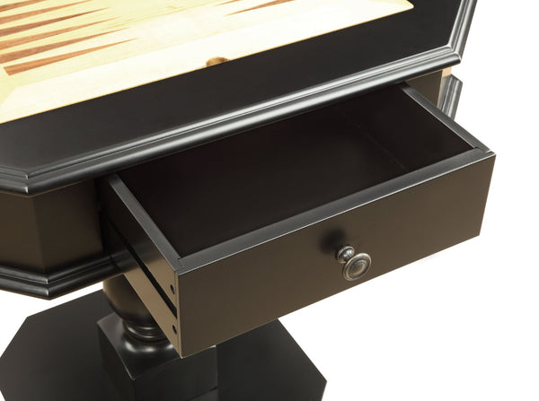 English Elm Black Matte Pedestal Game Table with Chessboard Top and Two Storage Drawers B062P189142