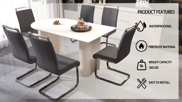 English Elm 63" Cream Mdf Dining Table Set With 6 Pu Armless Chairs & Silver Metal Legs - Modern Elegance! W2189S00434