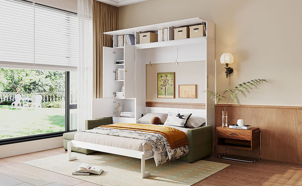English Elm Queen Murphy Bed with L-shaped Velvet Sofa Storage Cabinets for Studio Living White LP000765AAG-1