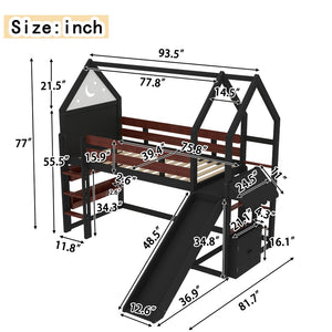 English Elm Full Size Pine Loft Bed House Frame with Slide Bookshelves and Moon Star Rails W1580S00311