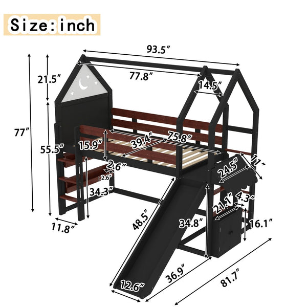 English Elm Full Size Pine Loft Bed House Frame with Slide Bookshelves and Moon Star Rails W1580S00311