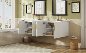 English Elm 60" Vintage Bathroom Vanity with Ceramic Sink Wall-Mount Modern Striped Design Durable MDF Wood Finish White N710SS00010K