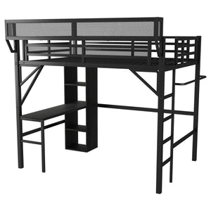 English Elm Full Full over Twin Metal Bunk Bed with Desk, Bookshelves, LED Lighting & USB Charge Station, Black W2580S00040