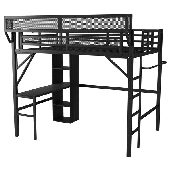 English Elm Full Full over Twin Metal Bunk Bed with Desk, Bookshelves, LED Lighting & USB Charge Station, Black W2580S00040