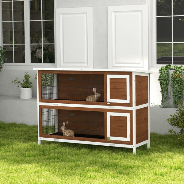 English Elm Pawhut Two Story Wooden Rabbit Hutch Outdoor Indoor Pet House with Lockable Doors W2225P229576