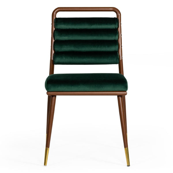 VIG Furniture Biscay Dark Green Velvet Dining Chair With Channel Tufting, Walnut Steel Legs & Gold Caps - Luxe Comfort VGEUMC-9697CH-GRN