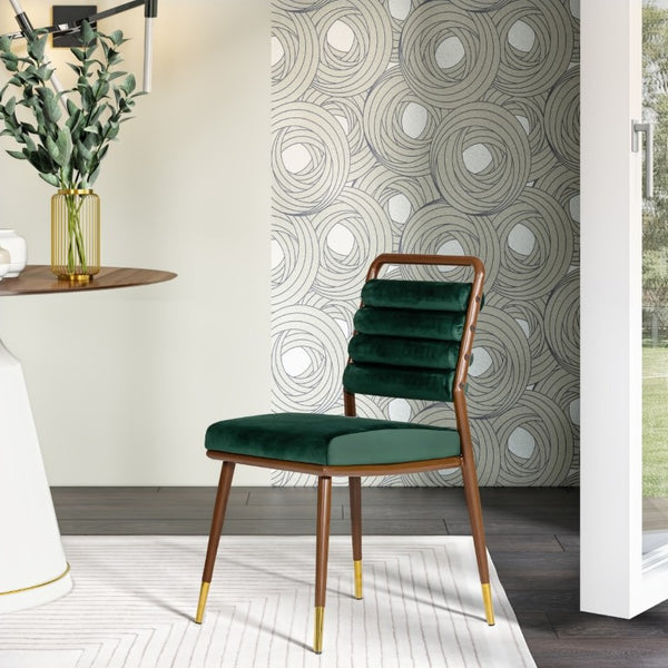 VIG Furniture Biscay Dark Green Velvet Dining Chair With Channel Tufting, Walnut Steel Legs & Gold Caps - Luxe Comfort VGEUMC-9697CH-GRN