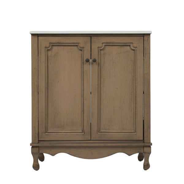 English Elm Christopher Knight Home® - 30" Vintage Bathroom Vanity with Rectangle Ceramic Sink, Rubber Wood Legs, Soft-Close Doors, Adjustable Shelves Antique brown N817P245316L