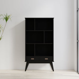 English Elm Draper Mid-Century Wide Bookcase & Storage Unit — Solid Rubberwood Black Finish, 6 Shelves, 2 Drawers, Anti-Tip B136P238616