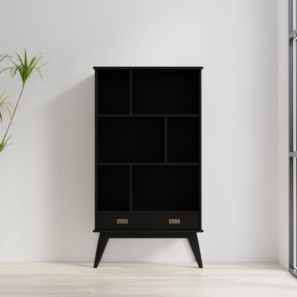 English Elm Draper Mid-Century Wide Bookcase & Storage Unit — Solid Rubberwood Black Finish, 6 Shelves, 2 Drawers, Anti-Tip B136P238616