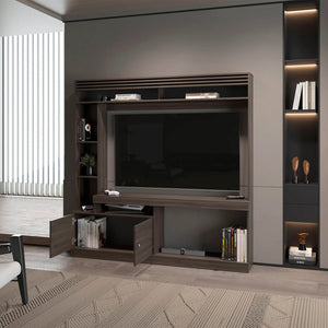 English Elm Stained Walnut Entertainment Center with Six Shelves, Two-Door Cabinet & Open Storage for Style and Organization B062S00602