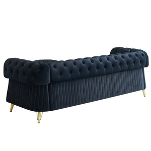 English Elm 89''W Chesterfield Modern Tufted Velvet Sofa with Pocket Springs, Gold Trim & Removable Cushions Black W579S00038