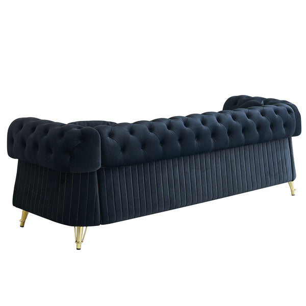 English Elm 89''W Chesterfield Modern Tufted Velvet Sofa with Pocket Springs, Gold Trim & Removable Cushions Black W579S00038