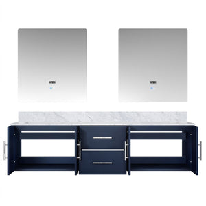 English Elm Navy Double Bath Vanity 72” W, Carrara Marble Top & 30” Led Mirrors - Stylish Storage Solution! B2731S00831
