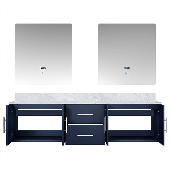 English Elm Navy Double Bath Vanity 72” W, Carrara Marble Top & 30” Led Mirrors - Stylish Storage Solution! B2731S00831