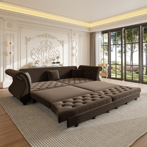 English Elm 97.6" Oversized Velvet Chesterfield Sleeper Sofa Floral Tufted Roll Arm Living Room Couch Brown W1885S00399