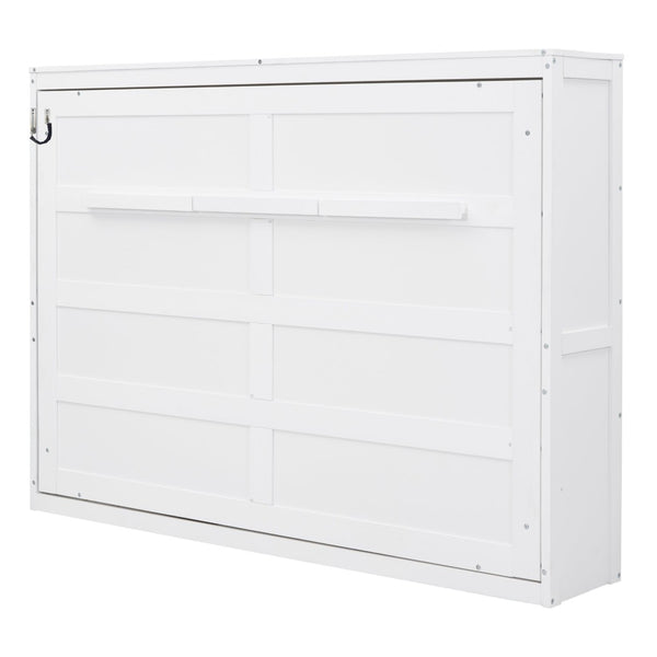English Elm Full Size Murphy Wall Bed with Cabinet Dual Piston Folding Mechanism for Studio Spaces White LP000664AAK-2