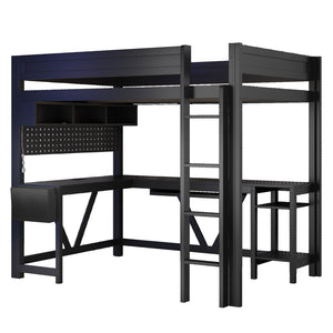 English Elm Wood Full Size Gaming Loft Bed With Integrated Desk, Charging Station & Led Lights - Black Finish N7090004022B-GIGA