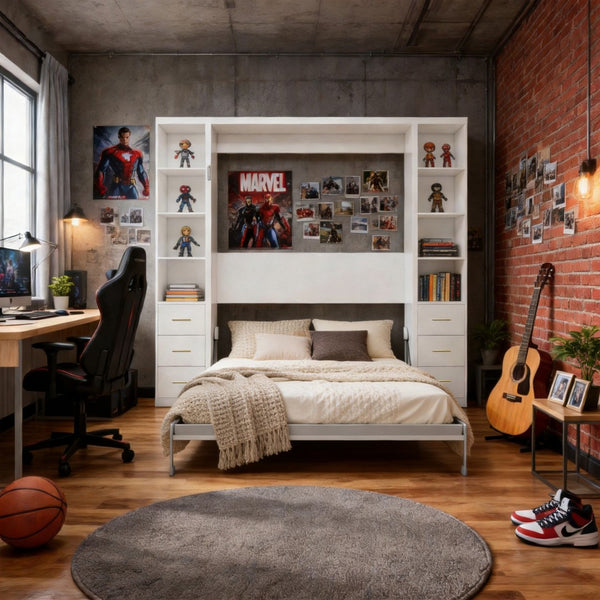 English Elm Desk Murphy Wall Bed Queen with Side Storage Cabinets for Home Office Study W5290S00006