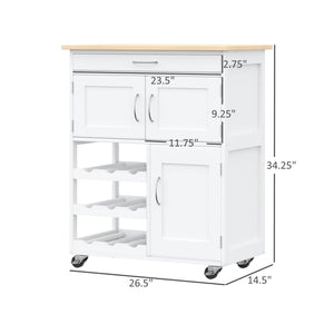 English Elm HOMCOM Mobile Kitchen Island Cart with Butcher Block, 9-Bottle Wine Rack, Cabinets & Drawer, White W2225P173896