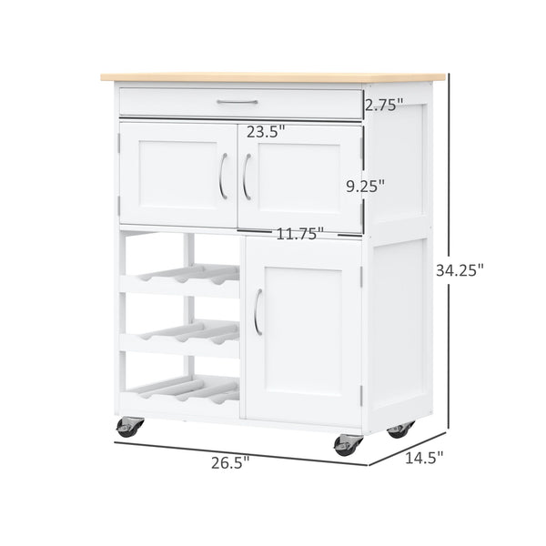 English Elm HOMCOM Mobile Kitchen Island Cart with Butcher Block, 9-Bottle Wine Rack, Cabinets & Drawer, White W2225P173896